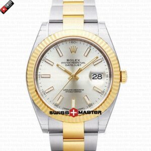 Rolex Datejust 41mm 18k 2-Tone Yellow Gold Flat Three Piece Links Fluted Bezel Silver Dial Stick Markers | Swiss Replica Watch