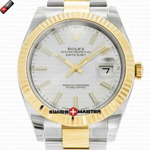 Rolex Datejust 41mm 18k 2-Tone Yellow Gold Flat Three Piece Links Fluted Bezel Silver Dial Stick Markers | Swiss Replica Watch