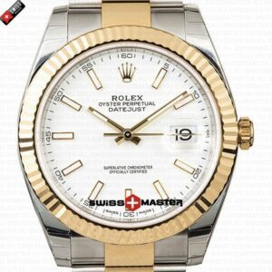 Rolex Datejust 41mm 18k 2-Tone Yellow Gold Flat Three Piece Links Fluted Bezel White Dial Stick Markers | Swiss Replica Watch