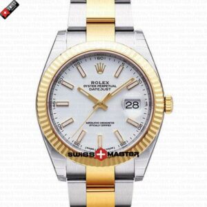 Rolex Datejust 41mm 18k 2-Tone Yellow Gold Flat Three Piece Links Fluted Bezel White Dial Stick Markers | Swiss Replica Watch