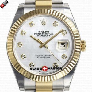 Rolex Datejust 41mm 18k 2-Tone Yellow Gold Flat Three Piece Links Fluted Bezel MOP White Dial Diamond Markers | Swiss Replica Watch