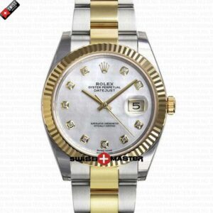 Rolex Datejust 41mm 18k 2-Tone Yellow Gold Flat Three Piece Links Fluted Bezel MOP White Dial Diamond Markers | Swiss Replica Watch