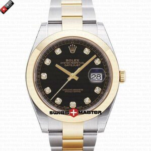 Rolex Datejust 41mm 18k 2-Tone Yellow Gold Flat Three Piece Links Smooth Bezel Black Dial Diamond Markers | Swiss Replica Watch