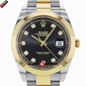 Rolex Datejust 41mm 18k 2-Tone Yellow Gold Flat Three Piece Links Smooth Bezel Black Dial Diamond Markers | Swiss Replica Watch