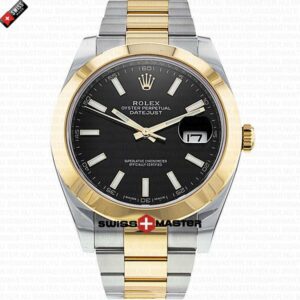 Rolex Datejust 41mm 18k 2-Tone Yellow Gold Flat Three Piece Links Smooth Bezel Black Dial Stick Markers | Swiss Replica Watch