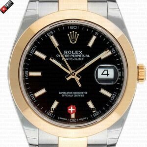 Rolex Datejust 41mm 18k 2-Tone Yellow Gold Flat Three Piece Links Smooth Bezel Black Dial Stick Markers | Swiss Replica Watch