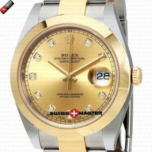 Rolex Datejust 41mm 18k 2-Tone Yellow Gold Flat Three Piece Links Smooth Bezel Gold Dial Diamond Markers | Swiss Replica Watch