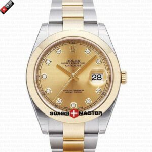 Rolex Datejust 41mm 18k 2-Tone Yellow Gold Flat Three Piece Links Smooth Bezel Gold Dial Diamond Markers | Swiss Replica Watch