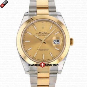 Rolex Datejust 41mm 18k 2-Tone Yellow Gold Flat Three Piece Links Smooth Bezel Gold Dial Stick Markers | Swiss Replica Watch