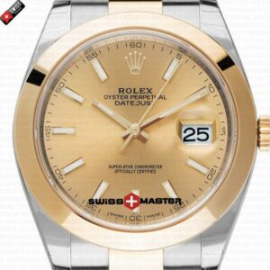 Rolex Datejust 41mm 18k 2-Tone Yellow Gold Flat Three Piece Links Smooth Bezel Gold Dial Stick Markers | Swiss Replica Watch