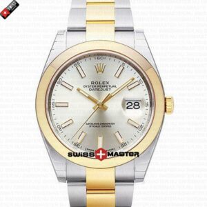 Rolex Datejust 41mm 18k 2-Tone Yellow Gold Flat Three Piece Links Smooth Bezel Silver Dial Stick Markers | Swiss Replica Watch