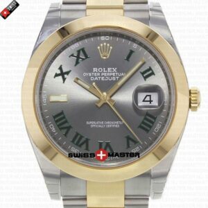 Rolex Datejust 41mm 18k 2-Tone Yellow Gold Flat Three Piece Links Smooth Bezel Grey Roman Markers | Swiss Replica Watch