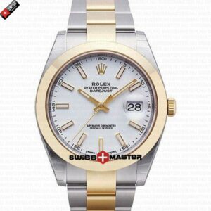 Rolex Datejust 41mm 18k 2-Tone Yellow Gold Flat Three Piece Links Smooth Bezel White Dial Stick Markers | Swiss Replica Watch