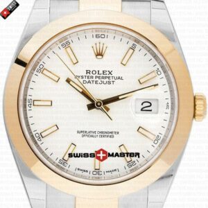 Rolex Datejust 41mm 18k 2-Tone Yellow Gold Flat Three Piece Links Smooth Bezel White Dial Stick Markers | Swiss Replica Watch