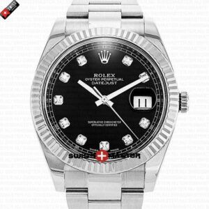 Rolex Datejust 41mm 18k 2-Tone White Gold Flat Three Piece Links Fluted Bezel Black Dial Diamond Markers | Swiss Replica Watch