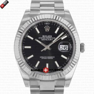 Rolex Datejust 41mm 18k White Gold Flat Three Piece Links Fluted Bezel Black Dial Stick Markers | Swiss Replica Watch