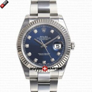 Rolex Datejust 41mm 18k 2-Tone White Gold Flat Three Piece Links Fluted Bezel Blue Dial Diamond Markers | Swiss Replica Watch