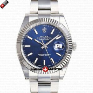 Rolex Datejust 41mm 18k White Gold Flat Three Piece Links Fluted Bezel Blue Dial Stick Markers | Swiss Replica Watch