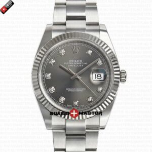 Rolex Datejust 41mm 18k 2-Tone White Gold Flat Three Piece Links Fluted Bezel Rhodium Grey Dial Diamond Markers | Swiss Replica Watch