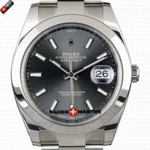 Rolex Datejust 41mm SS Rhodium Grey Dial Smooth Bezel Stick Markers | Swiss Replica Watch