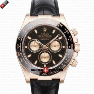 Rolex Cosmograph Daytona Rose Gold with Black Dial Black Leather Band | Swiss Replica Watch