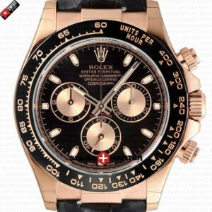 Rolex Cosmograph Daytona Rose Gold with Black Dial Black Leather Band | Swiss Replica Watch