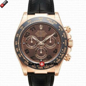 Rolex Cosmograph Daytona Rose Gold with Chocolate Dial with Arabic Marks Black Leather Band | Swiss Replica Watch