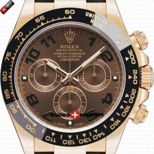 Rolex Cosmograph Daytona Rose Gold with Chocolate Dial with Arabic Marks Black Leather Band | Swiss Replica Watch