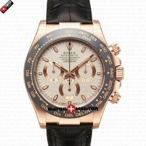 Rolex Cosmograph Daytona Rose Gold with Ivory Dial Black Leather Band | Swiss Replica Watch