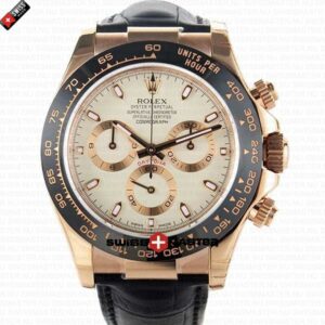 Rolex Cosmograph Daytona Rose Gold with Ivory Dial Black Leather Band | Swiss Replica Watch