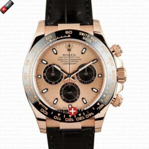 Rolex Cosmograph Daytona Rose Gold with Pink Dial Black Leather Band | Swiss Replica Watch