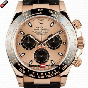 Rolex Cosmograph Daytona Rose Gold with Pink Dial Black Leather Band | Swiss Replica Watch