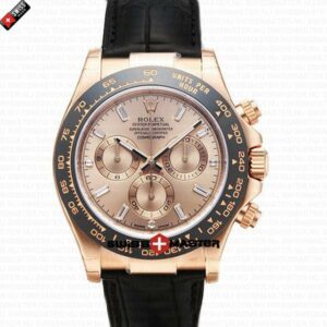 Rolex Cosmograph Daytona Rose Gold with Pink Dial Black Leather Band with Diamond Marks | Swiss Replica Watch