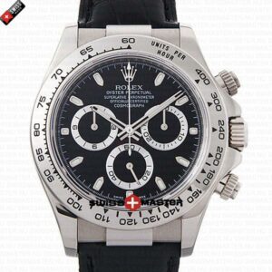 Rolex Cosmograph Daytona White Gold Black Stick Marks Dial Leather Band | Swiss Replica Watch