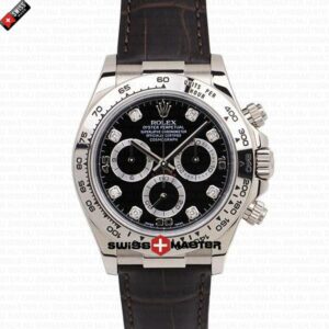 Rolex Cosmograph Daytona White Gold Black Diamond Marks Dial Leather Band | Swiss Replica Watch