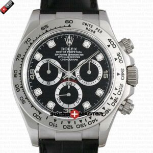 Rolex Cosmograph Daytona White Gold Black Diamond Marks Dial Leather Band | Swiss Replica Watch