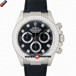 Rolex Cosmograph Daytona 18k White Gold Black Dial with Diamond Marks Leather Band | Swiss Replica Watch