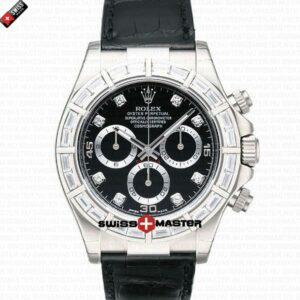 Rolex Cosmograph Daytona 18k White Gold Black Dial Diamond Marks Leather Band | Swiss Replica Watch