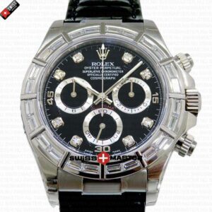 Rolex Cosmograph Daytona 18k White Gold Black Dial Diamond Marks Leather Band | Swiss Replica Watch