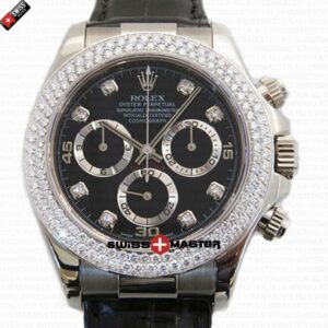 Rolex Cosmograph Daytona 18k White Gold Black Dial with Diamond Marks Leather Band | Swiss Replica Watch