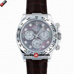 Rolex Cosmograph Daytona White Gold Black MOP Diamond Marks Dial Leather Band | Swiss Replica Watch