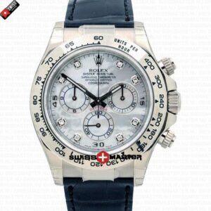 Rolex Cosmograph Daytona White Gold White MOP Diamond Marks Dial Leather Band | Swiss Replica Watch