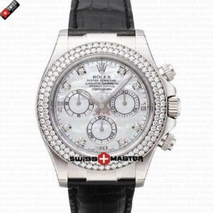 Rolex Cosmograph Daytona 18k White Gold MOP White Dial with Diamond Marks Leather Band | Swiss Replica Watch