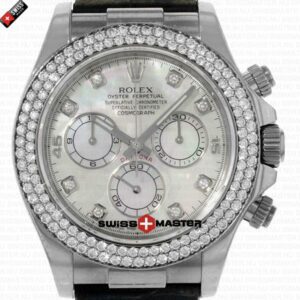 Rolex Cosmograph Daytona 18k White Gold MOP White Dial with Diamond Marks Leather Band | Swiss Replica Watch