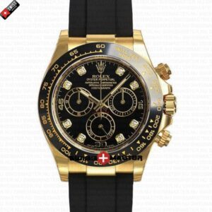 Replica Rolex Cosmograph Daytona Yellow Gold Black Dial - Diamond Marks - Rubber Band