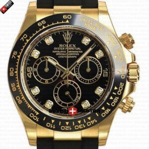 Rolex Cosmograph Daytona Yellow Gold with Black Dial Diamond Marks Rubber Band | Swiss Replica Watch