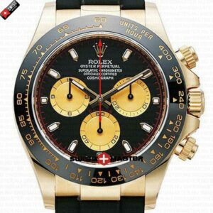 Replica Rolex Cosmograph Daytona Yellow Gold Panda Black Dial - Rubber Band