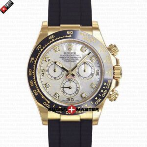 Replica Rolex Cosmograph Daytona Yellow Gold MOP White Dial - Diamond Marks - Rubber Band