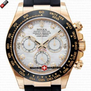 Replica Rolex Cosmograph Daytona Yellow Gold MOP White Dial - Diamond Marks - Rubber Band