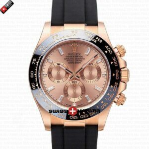 Replica Rolex Cosmograph Daytona Rose Gold Pink Dial with Diamond Marks - Rubber Band